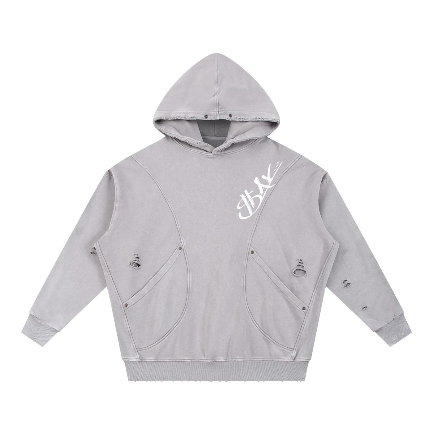 Snow Washed Distressed Panel Pocket Hoodie