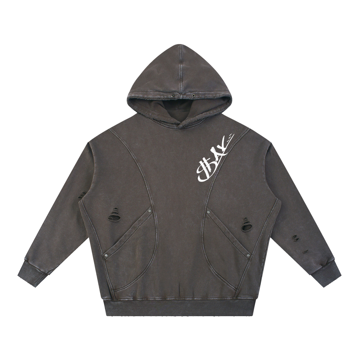 Snow Washed Distressed Panel Pocket Hoodie