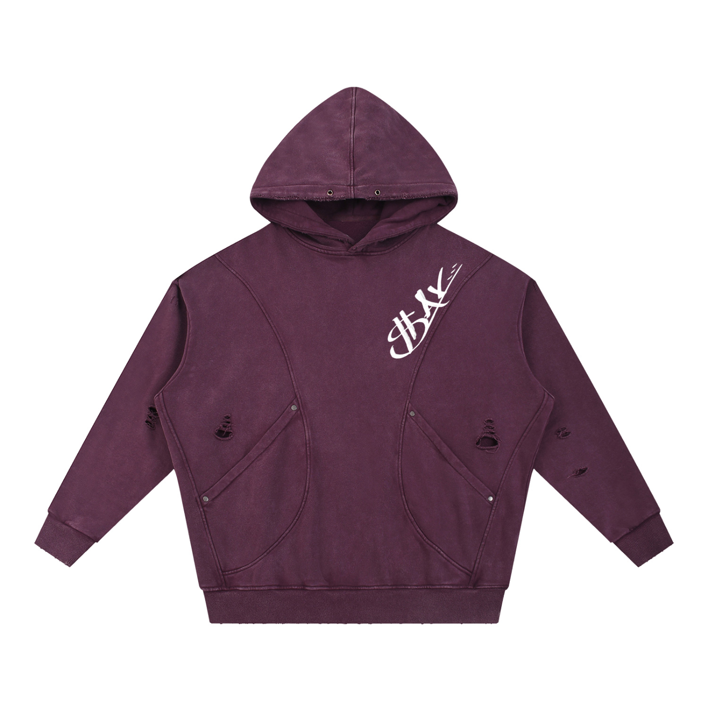 Snow Washed Distressed Panel Pocket Hoodie