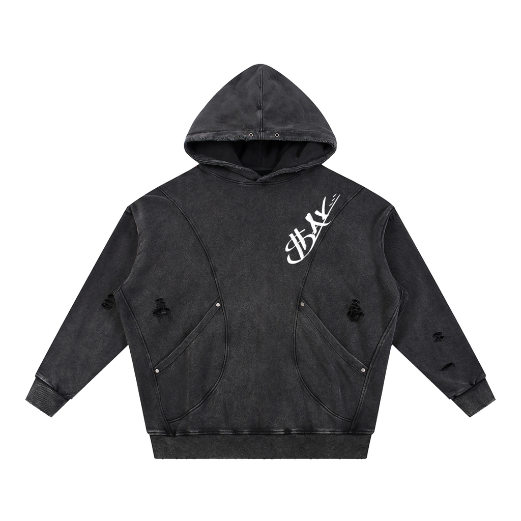 Snow Washed Distressed Panel Pocket Hoodie
