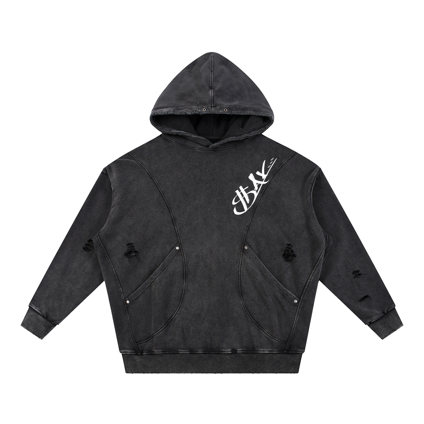 Snow Washed Distressed Panel Pocket Hoodie